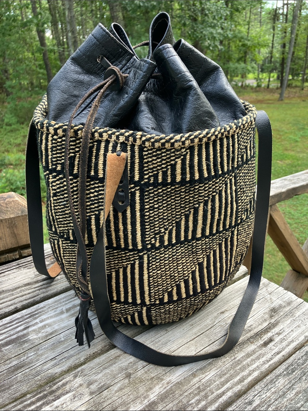 Vintage Kiondo Sisal Straw Bag Leather Drawstring Closure